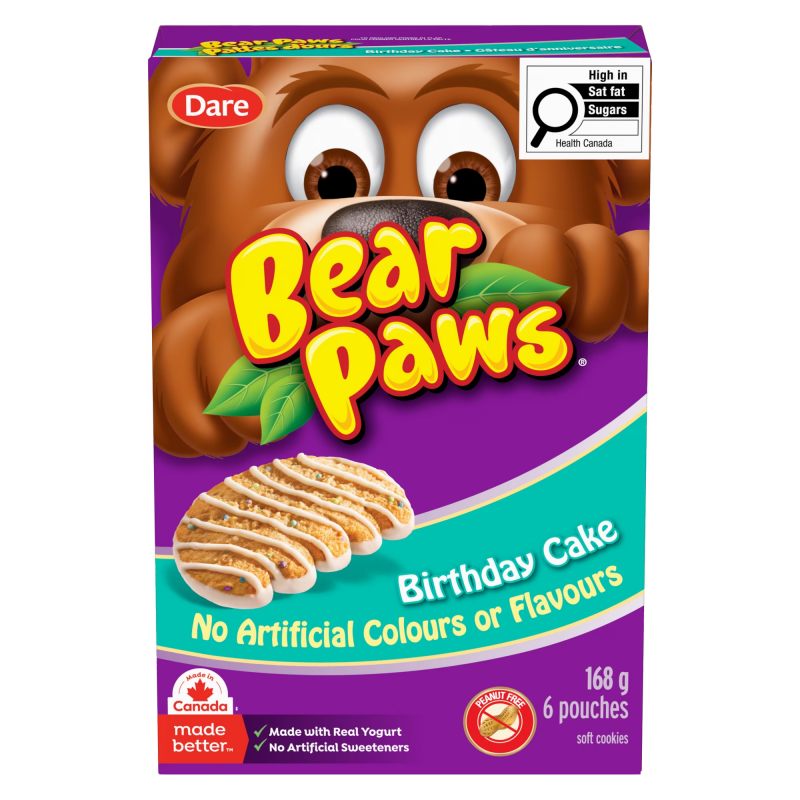 Dare Bear Paws Birthday Cake Cookies 168g packaging, showing the box and individual cookie packs
