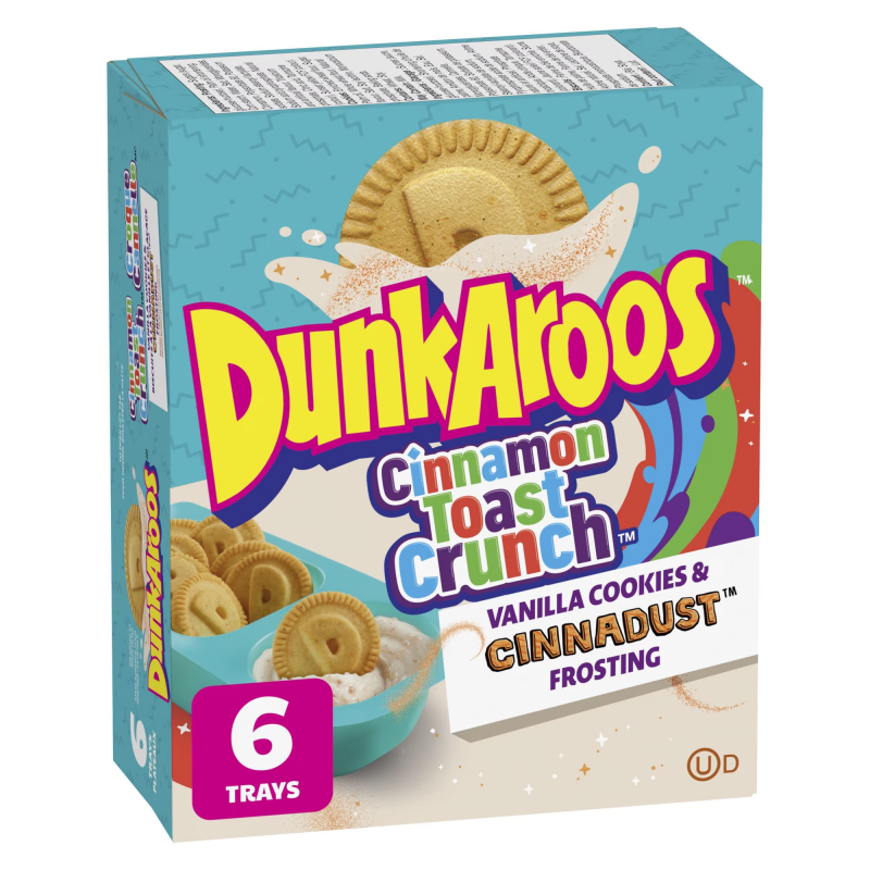 DunkAroos Vanilla Cookies & Cinnadust Frosting set, showing the box and the cookie and frosting combo
