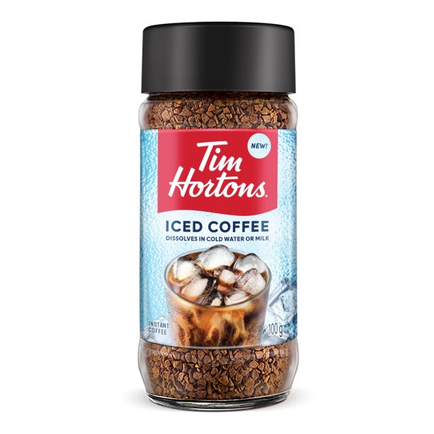 Tim Hortons Instant Iced Coffee 100g Jar, showing the packaging and instant iced coffee powder