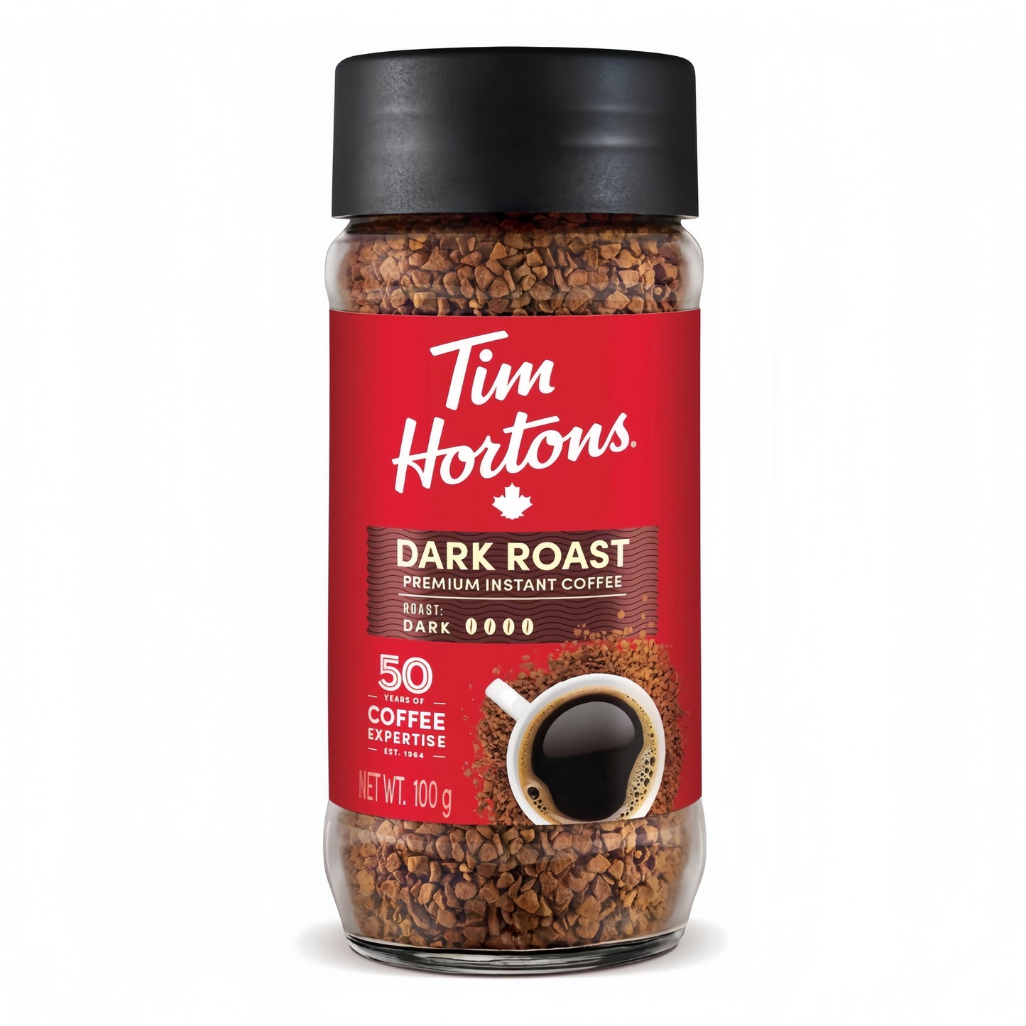 Tim Hortons Instant Coffee Dark Roast 100g Jar, showing the jar and dark roast instant coffee powder
