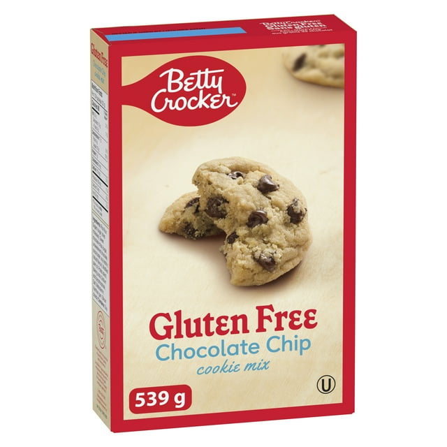 Betty Crocker Gluten Free Chocolate Chip Cookie Mix 539g box, showing the packaging and chocolate chip cookies