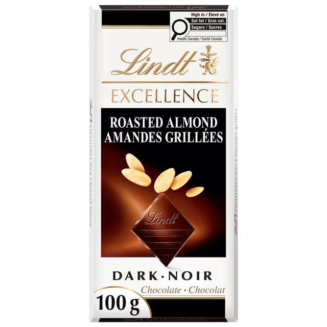 Lindt Excellence Roasted Almond Dark Chocolate Bar 100g with crunchy almond slivers