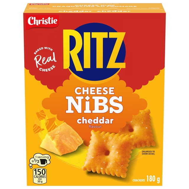RITZ Cheese Nibs Cheddar Crackers 180g box, showing the red packaging and golden cheese cracker nibs