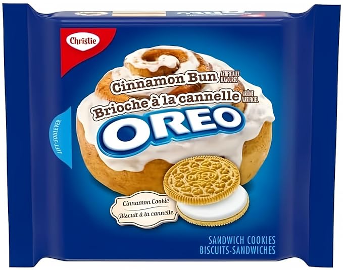 OREO Cinnamon Bun Sandwich Cookies 261g bag, showing the packaging and cinnamon flavoured OREO cookie