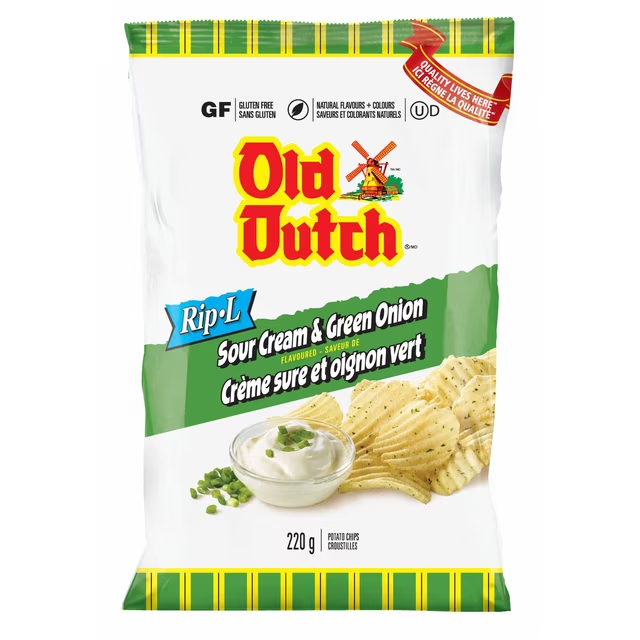 Old Dutch Rip-L Potato Chips 220g with crunchy, ridged chips in a vibrant bag, showing the classic texture and golden color of the chips.