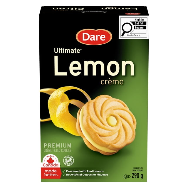 Dare Ultimate Lemon Crème Cookies 290g packaging, showing the box and lemon crème sandwich cookies