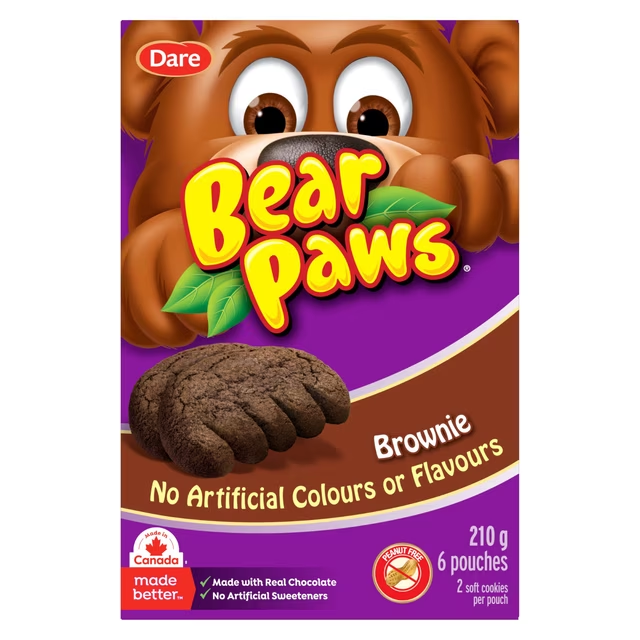 Dare Bear Paws Brownie Soft Cookies 210g box, showing brownie flavour soft cookies and individual pouches