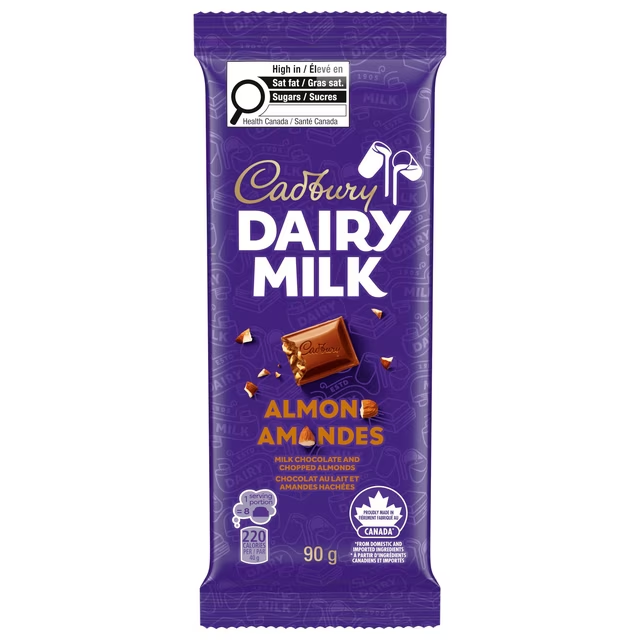 Cadbury Dairy Milk Almond Chocolate Bar 90g with chopped almonds
