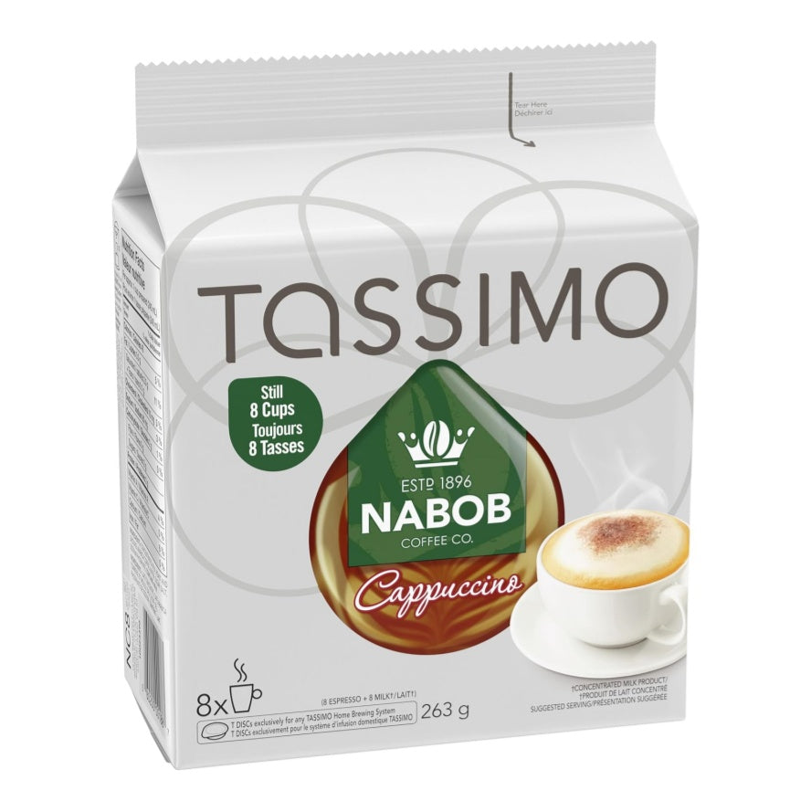Tassimo Nabob Cappuccino Coffee T-Discs 8ct, showing the box and espresso & milk pods