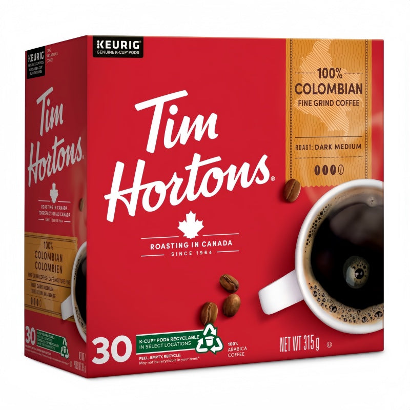 Tim Hortons 100% Colombian K-Cups 30ct – Dark-Medium Roast Coffee, Compatible with Keurig Brewers