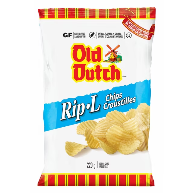 Old Dutch Rip-L Potato Chips 220g with crunchy, ridged chips in a vibrant bag, showing the classic texture and golden color of the chips.