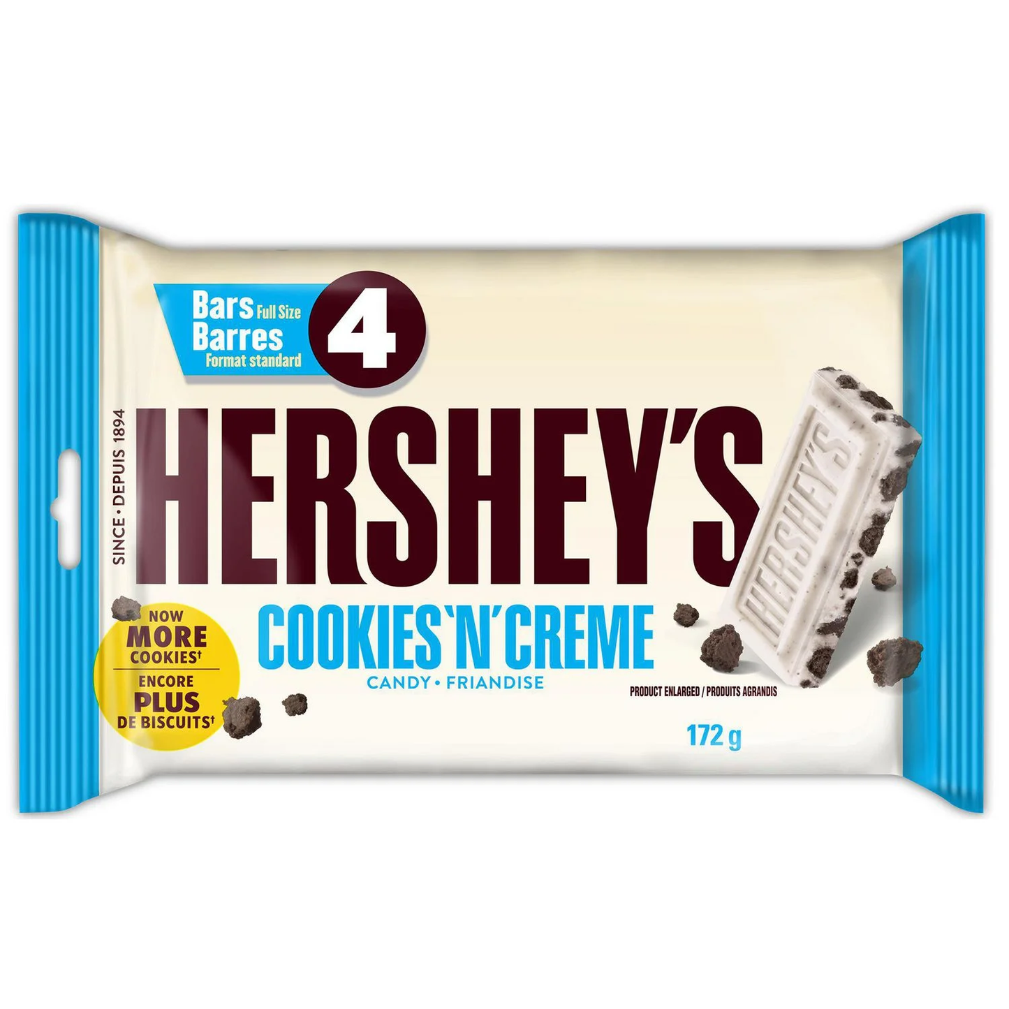 HERSHEY'S COOKIES 'N' CRÈME candy bars 4ct pack, showing the white packaging and full size chocolate bars
