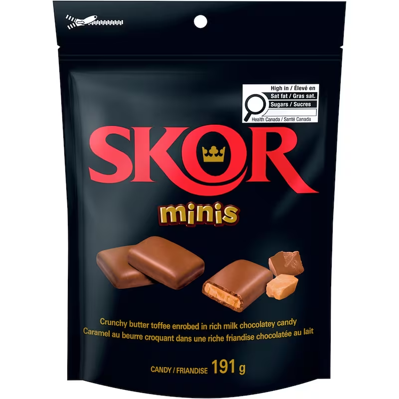 SKOR Chocolate Candy Bars Minis 191g packaging, showing the bag and individually wrapped mini chocolate bars