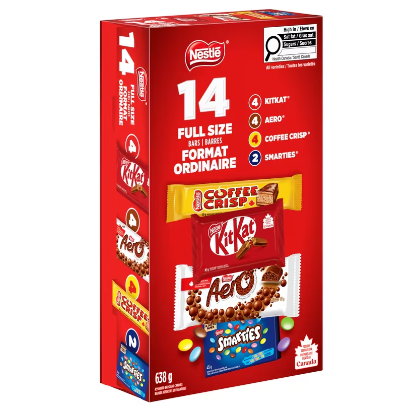 Nestle Chocolate Candy Full Size KITKAT, AERO, COFFEE CRISP & SMARTIES, 14ct