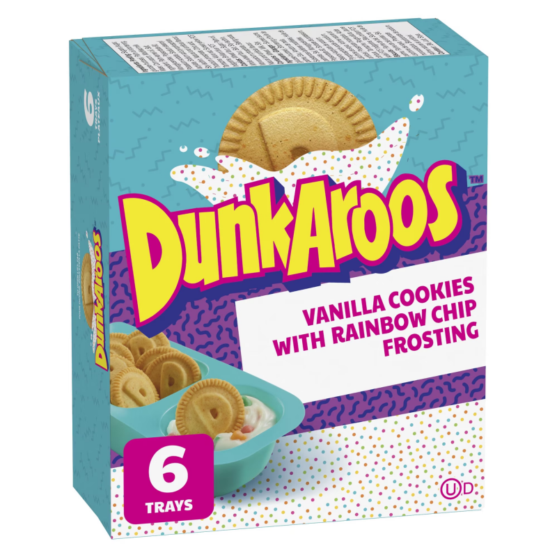 Dunkaroos vanilla cookies 168g, vanilla frosting, and rainbow sprinkles