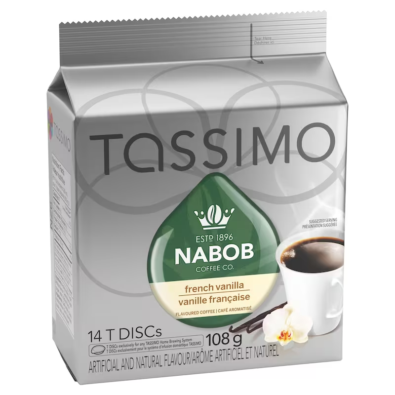 Tassimo Nabob French Vanilla Coffee T-Discs 14ct, showing the box and coffee pods
