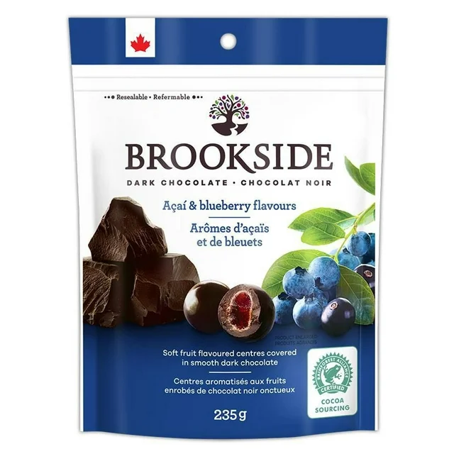BROOKSIDE Dark Chocolate Acai & Blueberry packaging, showing the pouch and dark chocolate pieces