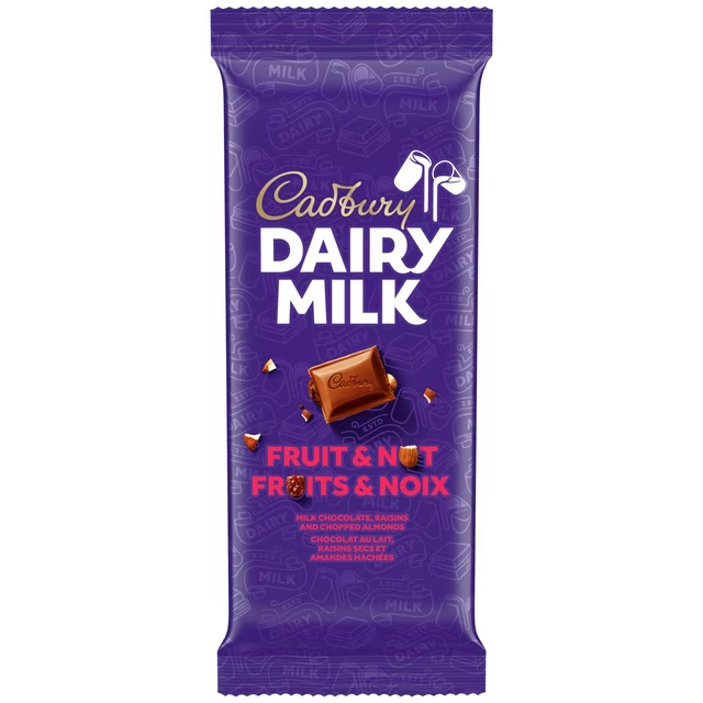 Cadbury Dairy Milk Fruit & Nut Chocolate Bar 90g with raisins and chopped almonds