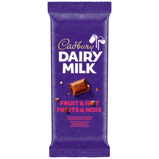 Cadbury Dairy Milk Fruit & Nut Chocolate Bar 90g with raisins and chopped almonds