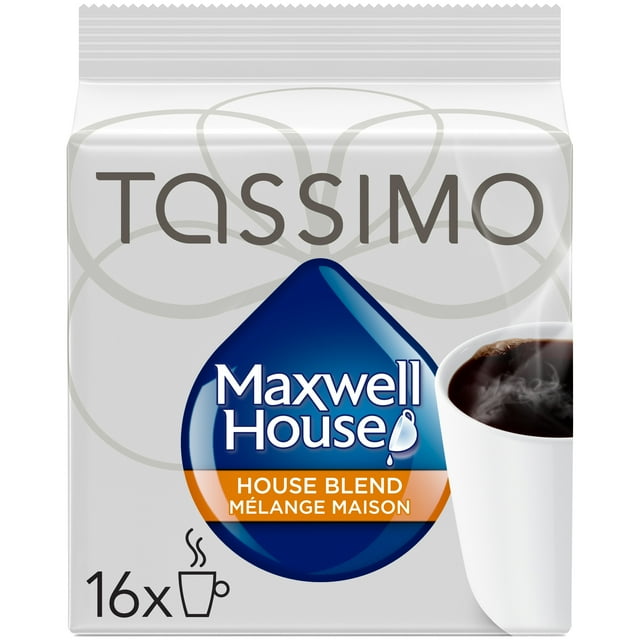 Tassimo Maxwell House House Blend Coffee T-Discs 126g packaging, showing the blue box and T-Disc coffee pods