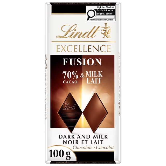 Lindt EXCELLENCE Fusion 70% Dark & Milk Chocolate Bar 100g with 70% cacao dark chocolate and milk chocolate