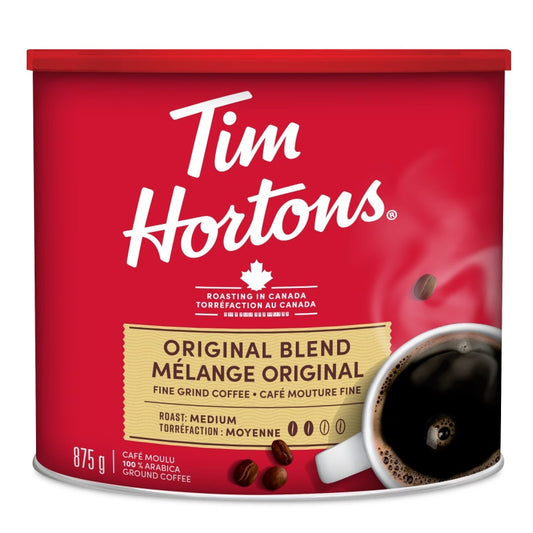 Tim Hortons Original Blend Ground Coffee 875g packaging, showing the large bag and ground coffee