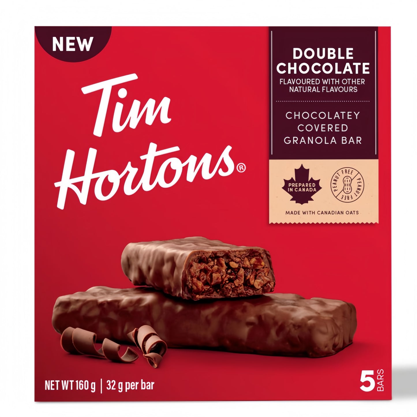 Tim Hortons Double Chocolate Granola Bars 5 Bars, showing the box and chocolate covered granola bars