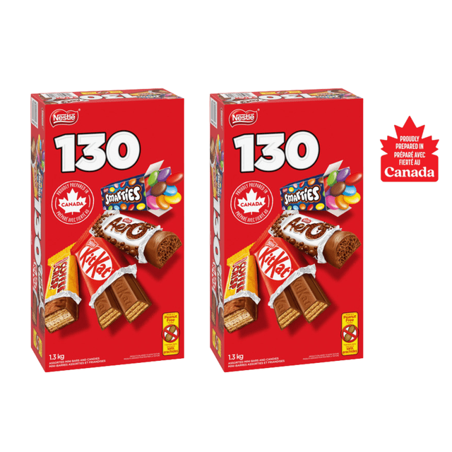 Nestlé Assorted Mini Bars & Candies Variety Pack 1.3 kg 2-pack, showing the boxes and various individually wrapped mini chocolates and candies