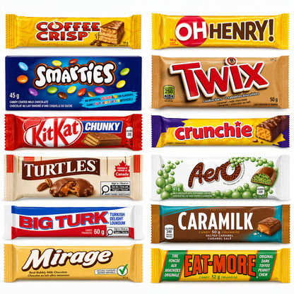 Taste of Canada Set B: 12 full-size Canadian chocolate bars variety pack including Coffee Crisp, Aero, Smarties, and KitKat.
