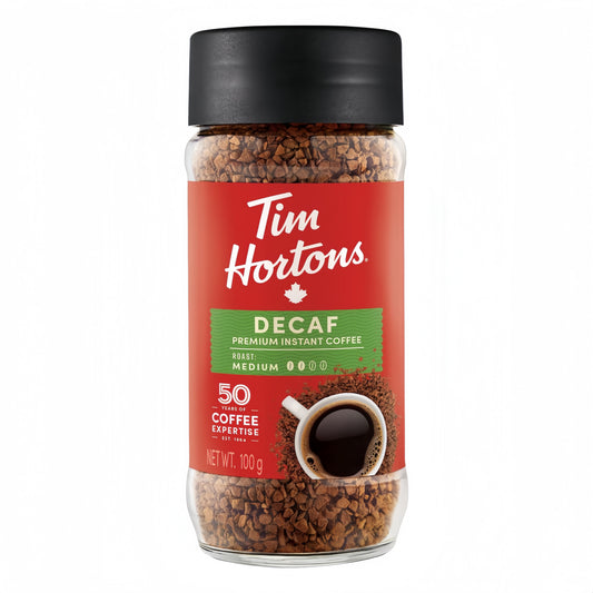 Tim Hortons Decaf Premium Instant Coffee 100g Jar, showing the jar and decaf instant coffee powder