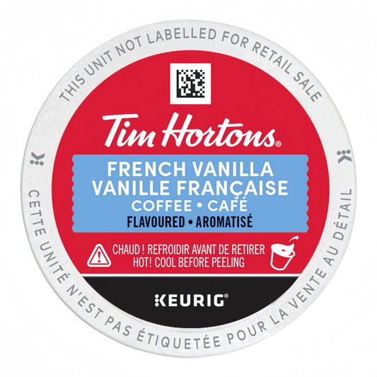 Tim Hortons French Vanilla Flavored Coffee K-Cups 30ct, showing the box and coffee pods