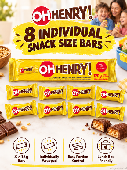 OH HENRY!Snack Size Candy Bars,Individually Wrapped Chocolate Treats,4.23OZ,8×15g snack size candy bars with peanuts,caramel & fudge.Individually wrapped chocolate treats for everyday snacks