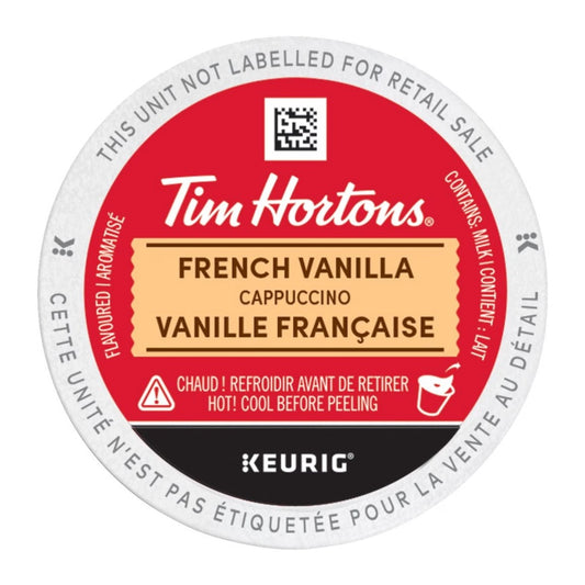 Tim Hortons French Vanilla Cappuccino K-Cups 10ct, showing the box and coffee pods