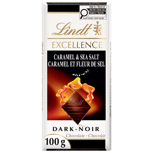 Lindt EXCELLENCE Caramel & Sea Salt Dark Chocolate Bar 100g with caramel pieces and sea salt