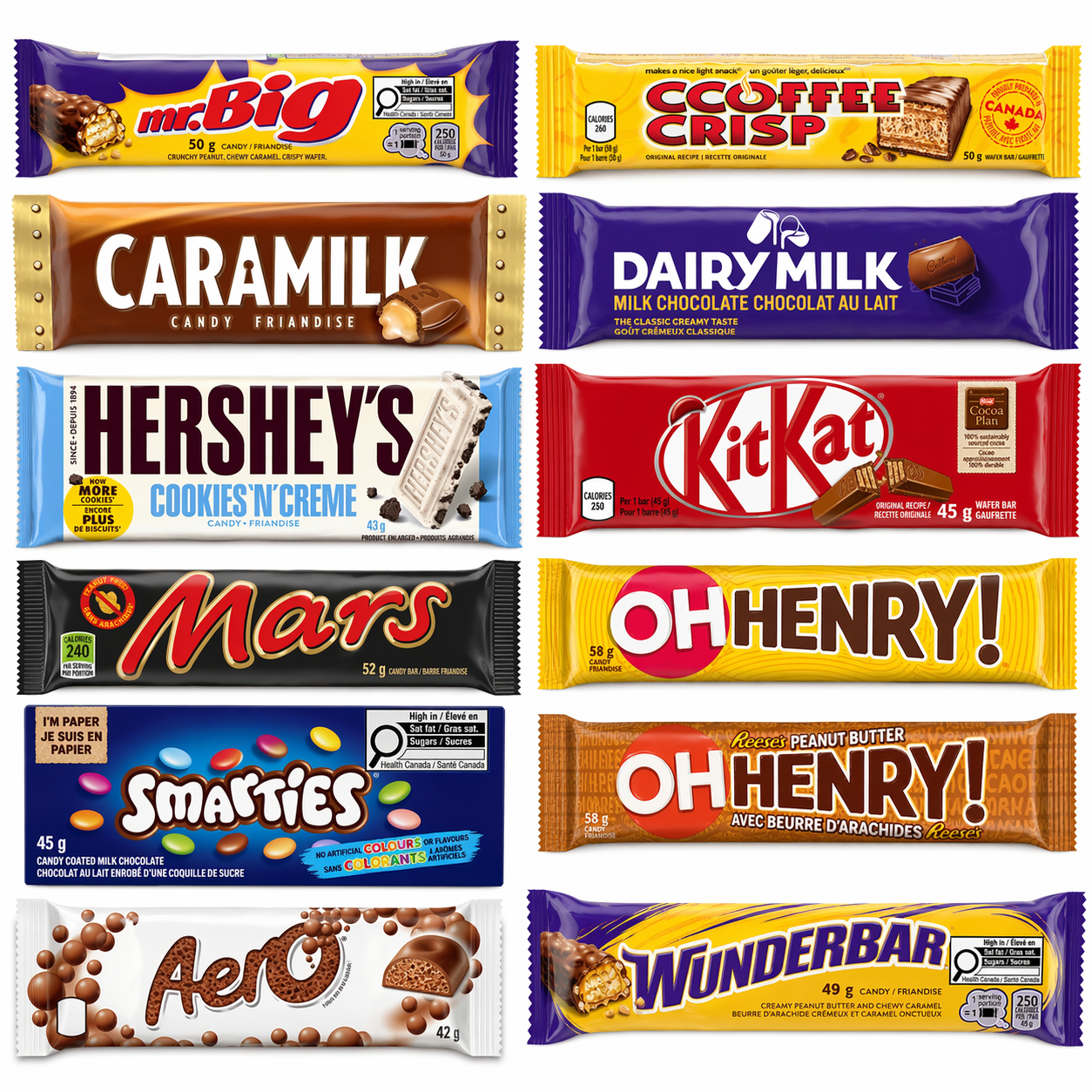 Assorted Canadian chocolate bars collection: Coffee Crisp, Mr. Big, Caramilk, Crispy Crunch, and KitKat bars on a white background.