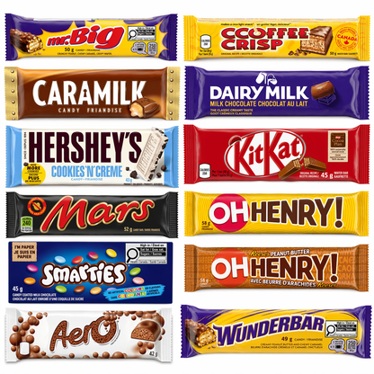 Assorted Canadian chocolate bars collection: Coffee Crisp, Mr. Big, Caramilk, Crispy Crunch, and KitKat bars on a white background.
