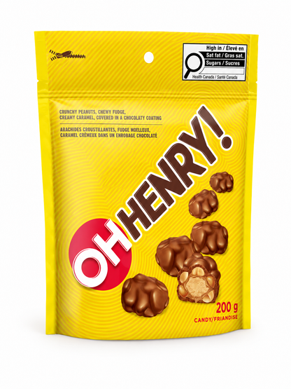 OH HENRY! Mini Chocolate Candy Bars, Peanut Caramel Fudge Treats, 7.05 OZ,Crunchy peanuts, chewy fudge and creamy caramel in chocolate coating. 200g mini candy bars with resealable packaging