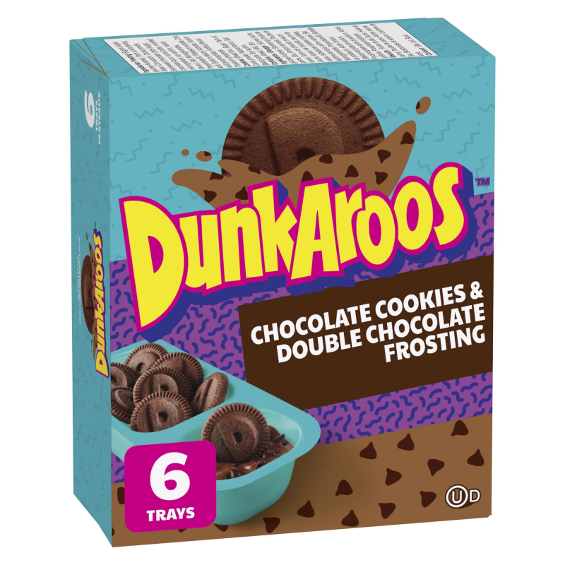 DunkAroos Chocolate Cookies & Double Chocolate Frosting set, showing the box and the cookie and frosting combo