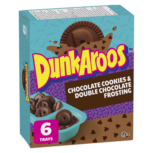 DunkAroos Chocolate Cookies & Double Chocolate Frosting set, showing the box and the cookie and frosting combo