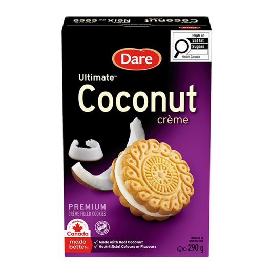 Dare Ultimate Coconut Creme Filled Cookies 290g packaging, showing the box and coconut creme cookies