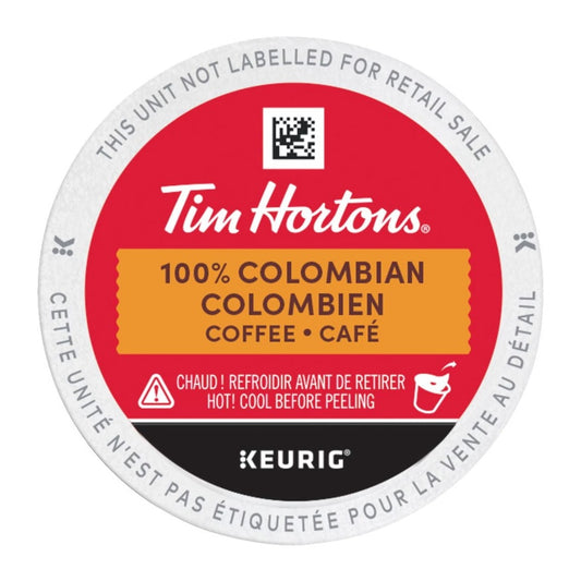 Tim Hortons 100% Colombian K-Cups 30ct, showing the box and coffee pods
