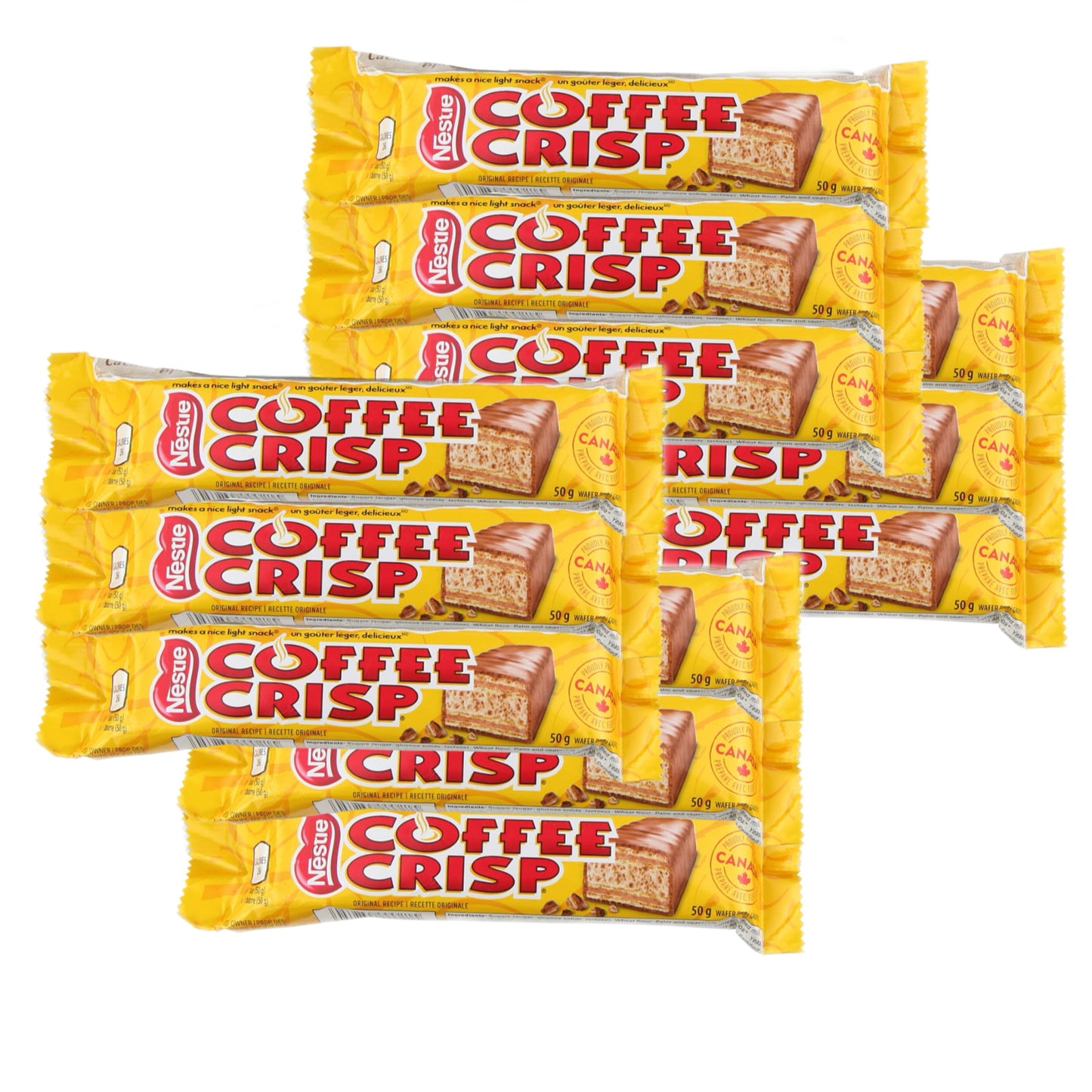 Nestlé Coffee Crisp Chocolate Bar 50g, showcasing crispy wafer layers with coffee cream and milk chocolate coating.