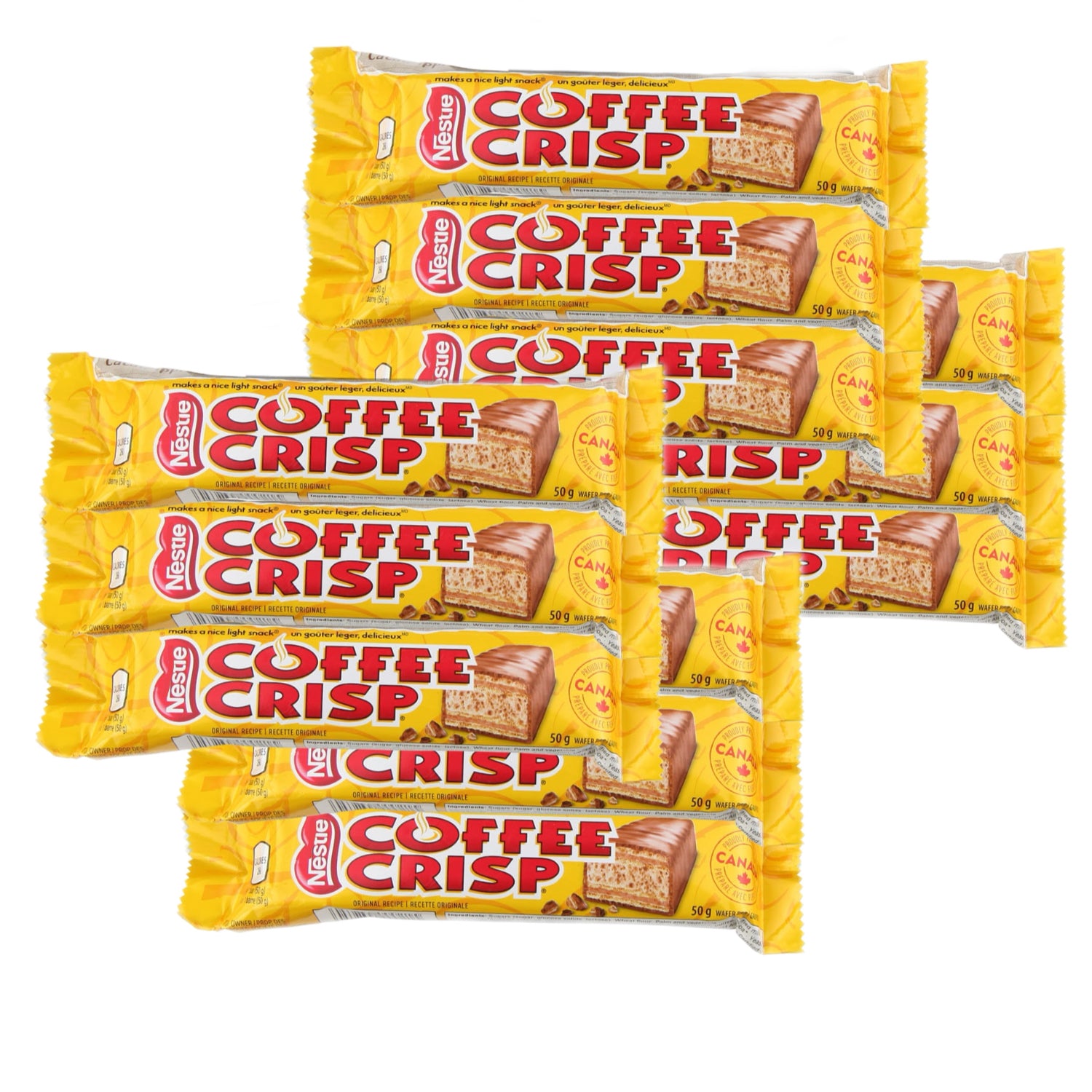 Nestlé Coffee Crisp Chocolate Bar 50g, showcasing crispy wafer layers with coffee cream and milk chocolate coating.