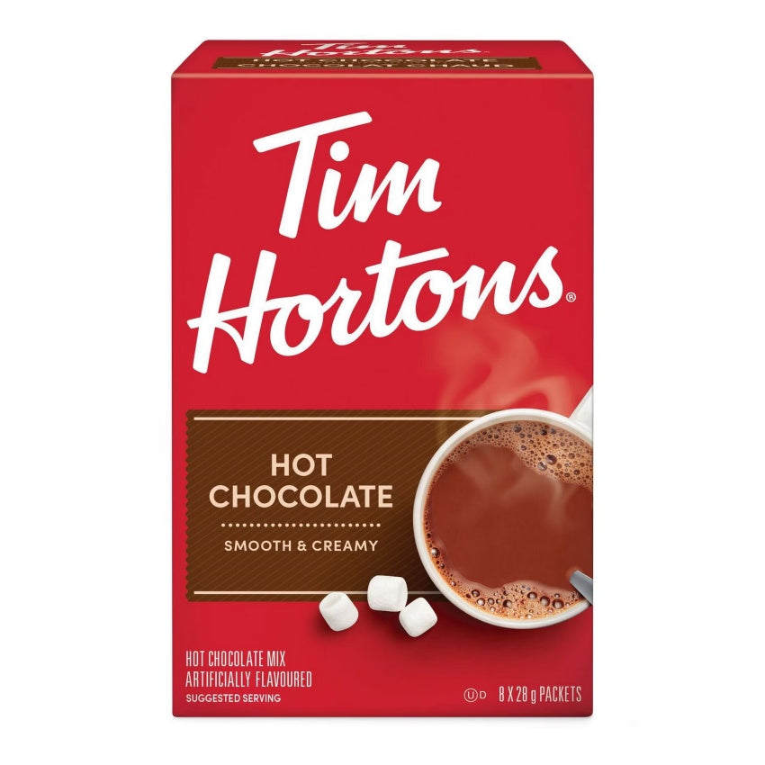 Tim Hortons Hot Chocolate Packets 8ct, showing the box and individual sachets