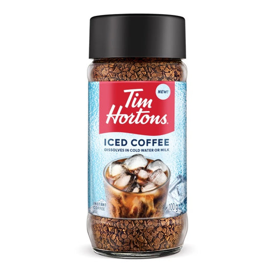 Tim Hortons Instant Iced Coffee 100g Jar, showing the packaging and instant iced coffee powder