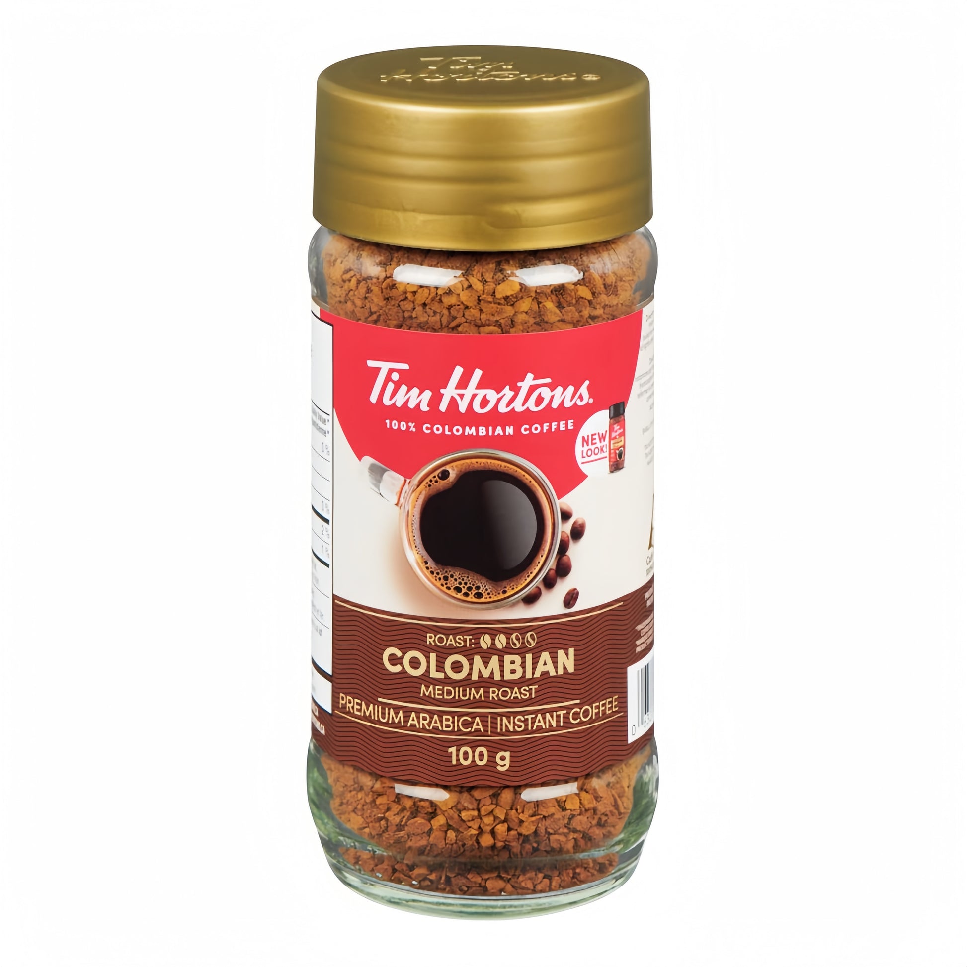 Tim Hortons Instant Coffee Medium Roast 100g Jar, showing the jar and instant coffee powder