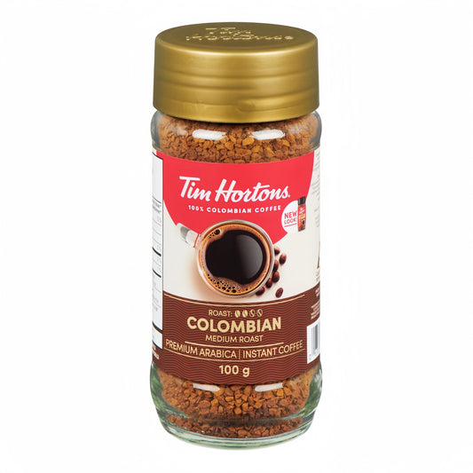 Tim Hortons Instant Coffee Medium Roast 100g Jar, showing the jar and instant coffee powder
