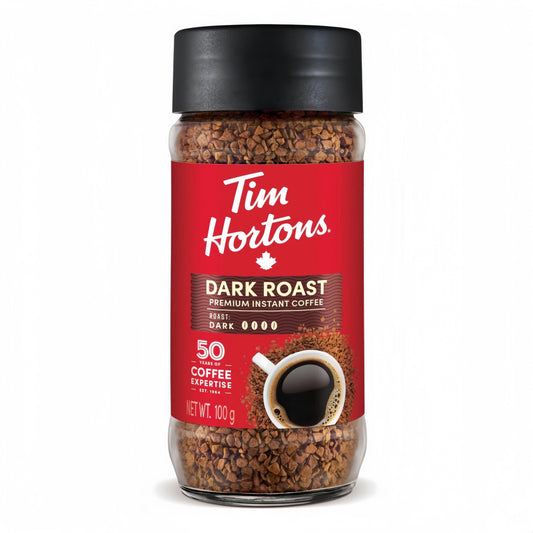 Tim Hortons Instant Coffee Dark Roast 100g Jar, showing the jar and dark roast instant coffee powder