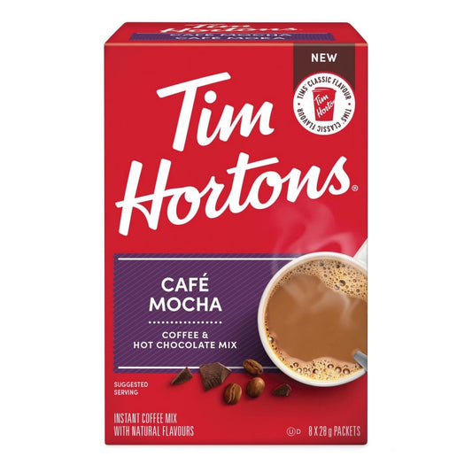 Tim Hortons Café Mocha Sachets 8ct, showing the box and individual sachets