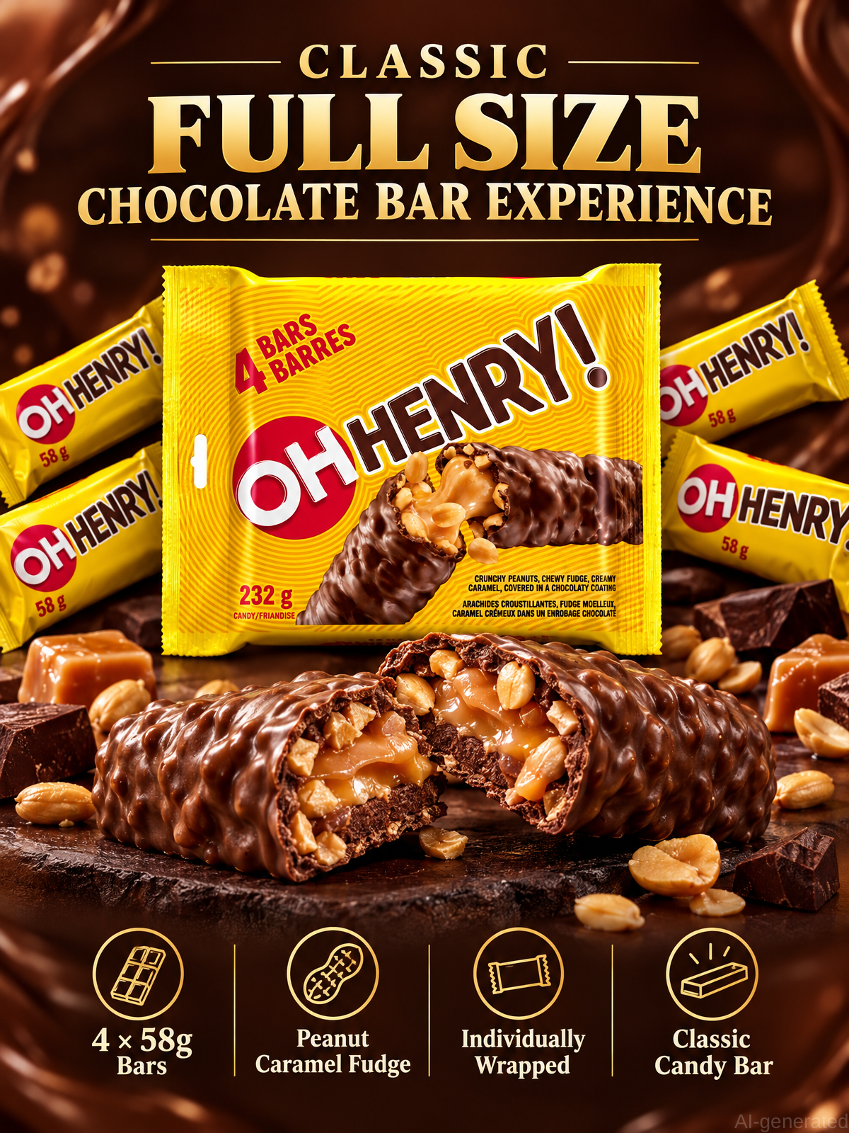 OH HENRY! Chocolate Bar Bundle, Milk Chocolate Candy Bars, 2 x 8.18 OZ,Two 232g packs of chocolate candy bars with peanut, caramel & fudge flavors. Enjoy more classic treats with easy storage